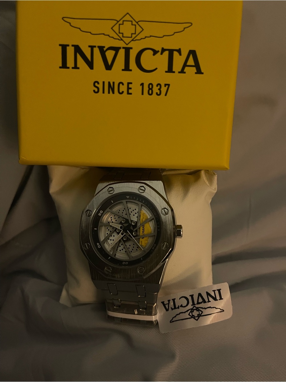 Invicta Silver Stainless Steel Watch with Yellow Dial Accent